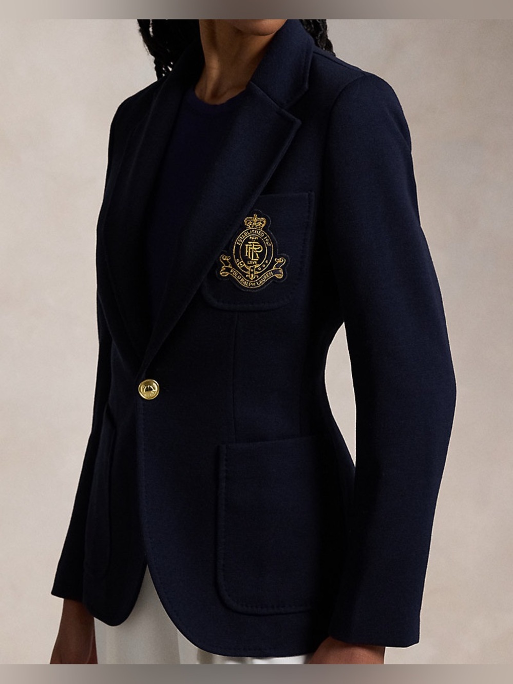 Polo Ralph Lauren Single Breasted Logo Crest Knit Crest Blazer Navy Blue 6